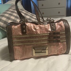 Guess Pink and Brown Croc-Embossed Satchel